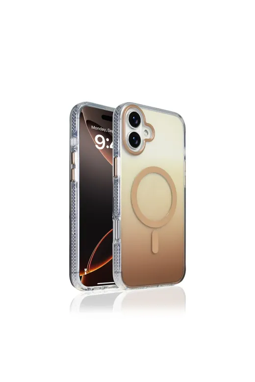 Techaks T39661-TCHS Iphone 16 Plus Kılıf M-Safe Şarj Özellikli Transparan Renk Geçişli Tchs Toros Kapak - Gold