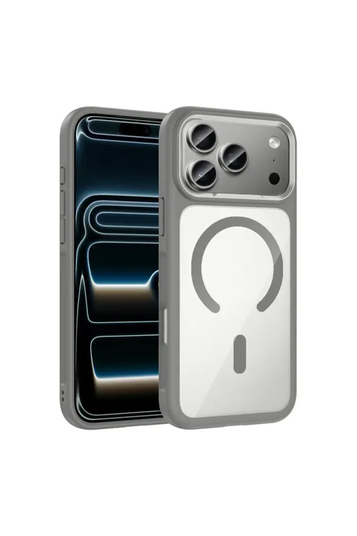 Techaks T39878-TCHS Iphone 17 Pro Kılıf M-Safe Şarj Özellikli Metal Kamera Çerçeveli Zore Tiko Kapak - Gri