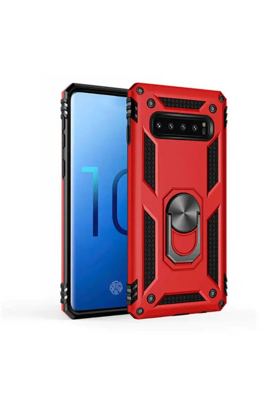Techaks T8268-TCHS Galaxy S10 Kılıf Kamera Çıkıntılı Standlı Yüzüklü Mıknatıslı Zırh Kapak Vega - Kırmızı