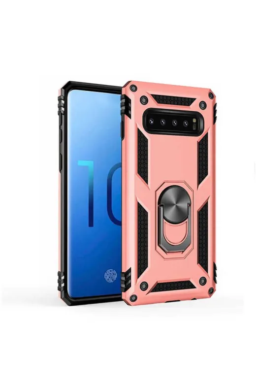Techaks T8268-TCHS Galaxy S10 Kılıf Kamera Çıkıntılı Standlı Yüzüklü Mıknatıslı Zırh Kapak Vega - Kırmızı
