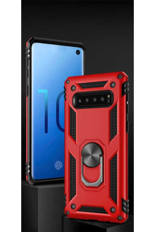Techaks T8268-TCHS Galaxy S10 Kılıf Kamera Çıkıntılı Standlı Yüzüklü Mıknatıslı Zırh Kapak Vega - Kırmızı