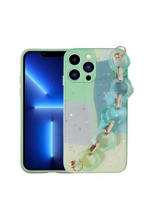 Techaks TCHS-23386 Iphone 12 Pro Uyumlu Simli Desenli El Askılı Tutacaklı Zore Elsa Silikon Kılıf-Yeşil