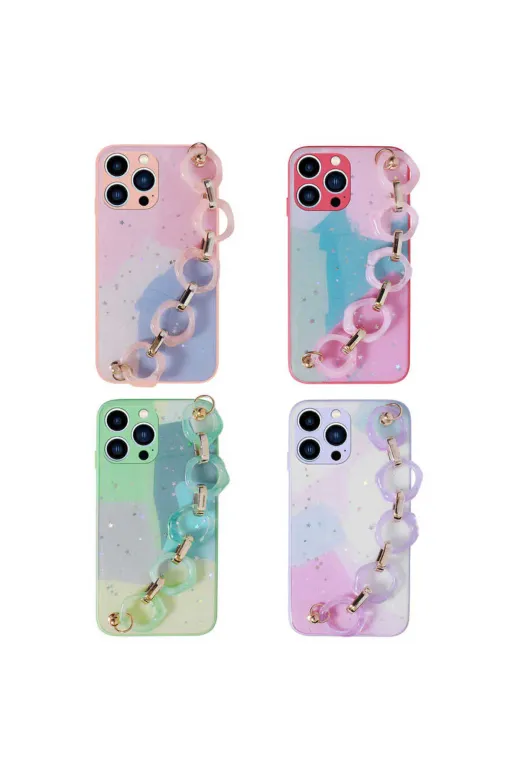 Techaks TCHS-23386 Iphone 12 Pro Uyumlu Simli Desenli El Askılı Tutacaklı Zore Elsa Silikon Kılıf-Yeşil