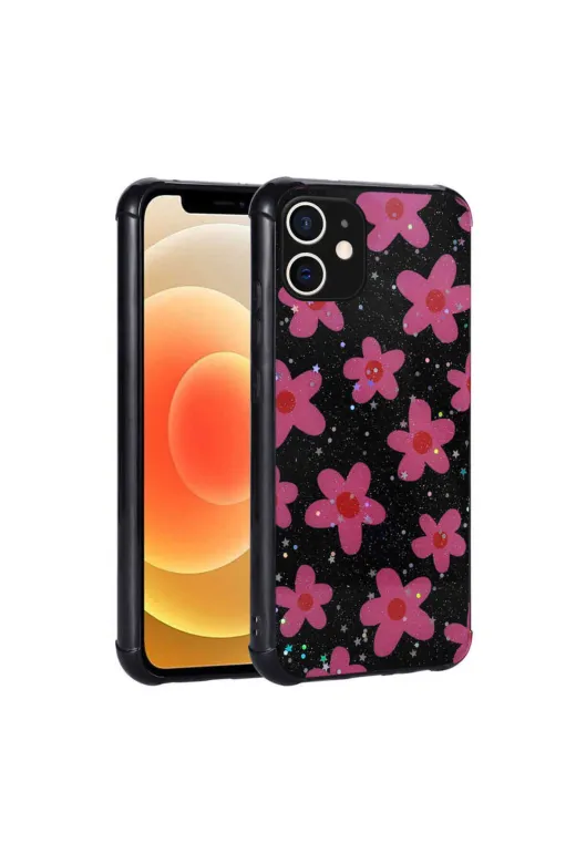 Techaks TCHS-23636 Iphone 12 Uyumlu Simli Desenli Kamera Korumalı Parlak Zore Popy Kılıf-Çiçek