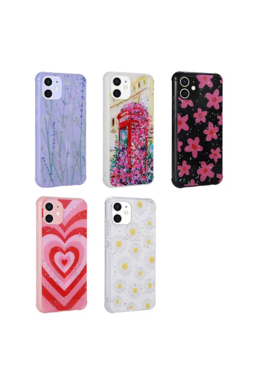 Techaks TCHS-23636 Iphone 12 Uyumlu Simli Desenli Kamera Korumalı Parlak Zore Popy Kılıf-Çiçek