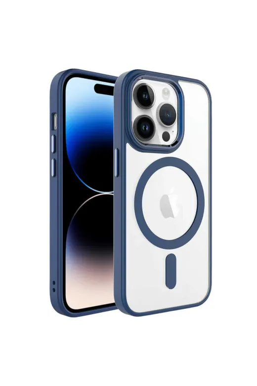 Techaks TCHS-24364 Iphone 14 Pro Max Uyumlu Wireless Şarj Özellikli Zore Krom Magsafe Silikon Kılıf-Lacivert