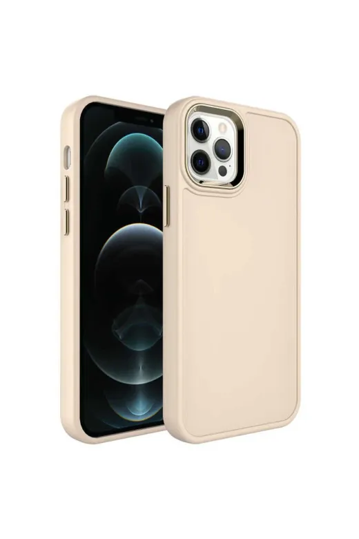 Techaks TCHS-24448 Iphone 12 Pro Max Uyumlu Metal Çerçeve Ve Buton Tasarımlı Sert Zore Botox Kılıf-Krem
