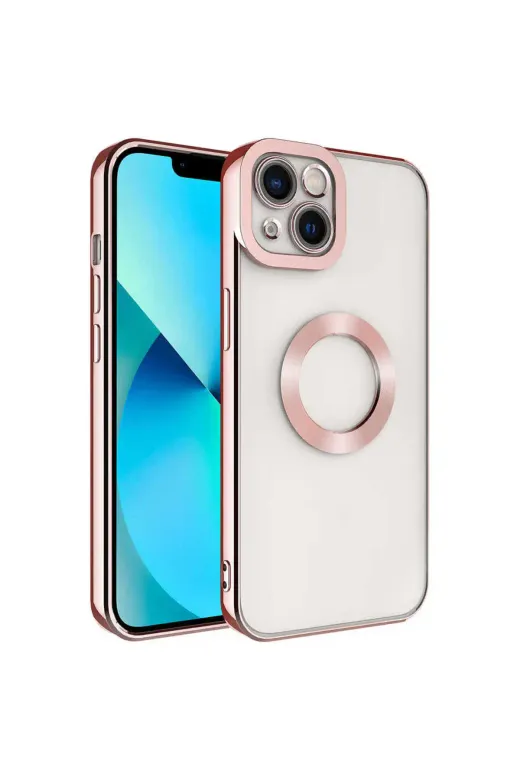 Techaks TCHS-24605 Iphone 14 Kılıf Kamera Lens Korumalı Kenarları Renkli Logo Gösteren Omega Kapak-Rose Gold