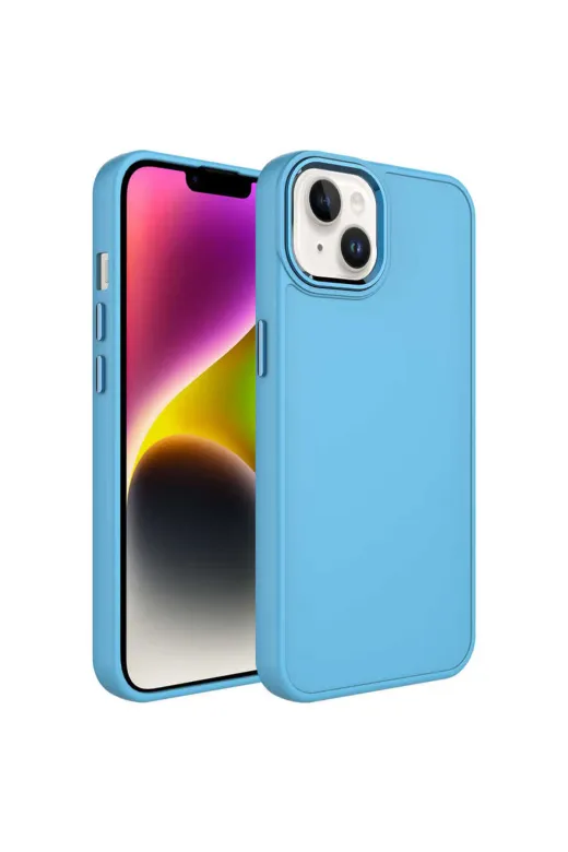 Techaks TCHS-25092 Iphone 14 Uyumlu Metal Çerçeve Ve Buton Tasarımlı Silikon Zore Luna Kılıf-Sierra Mavi