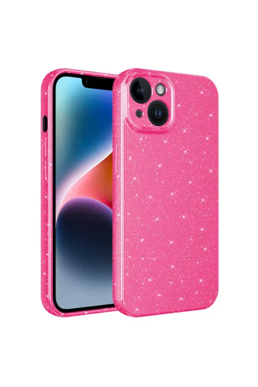 Techaks TCHS-25307 Iphone 14 Uyumlu Kamera Korumalı Simli Lüks Zore Koton Kılıf-Pembe Koyu