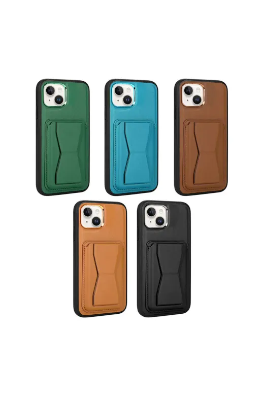 Techaks TCHS-25965 Iphone 14 Uyumlu Kartlıklı Standlı Pu Deri Zore Memo Kılıf-Kahve Açık