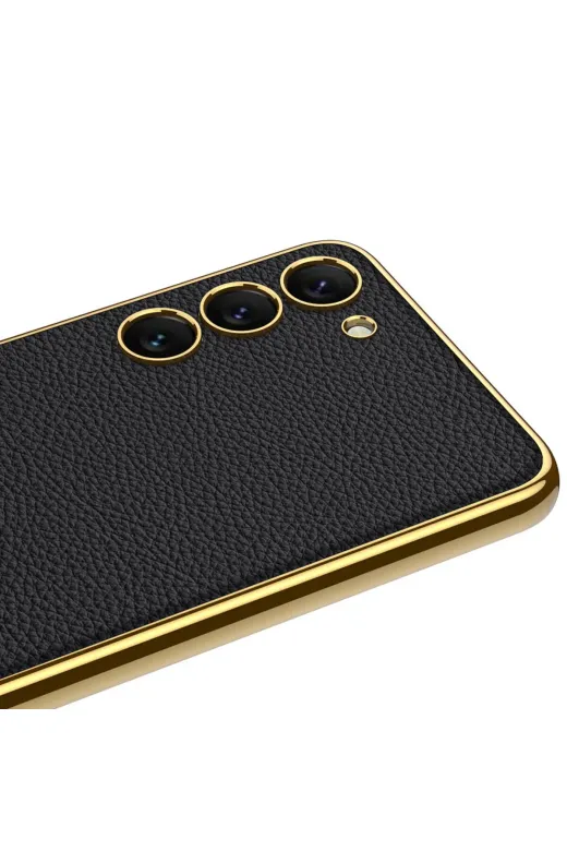 Techaks TCHS-26173 Galaxy S23 Plus Uyumlu Deri Görünümlü Kenarları Elektroplating Kaplama Zore Fizyon Kılıf-Siy