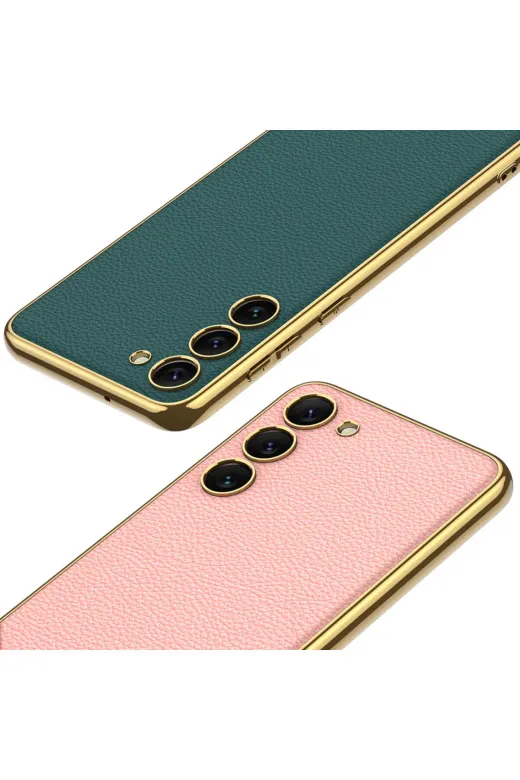 Techaks TCHS-26173 Galaxy S23 Plus Uyumlu Deri Görünümlü Kenarları Elektroplating Kaplama Zore Fizyon Kılıf-Siy