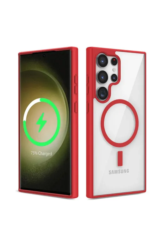 Techaks TCHS-26535 Galaxy S23 Ultra Uyumlu Magsafe Wireless Şarj Özellikli Silikon Zore Ege Kılıf-Kırmızı