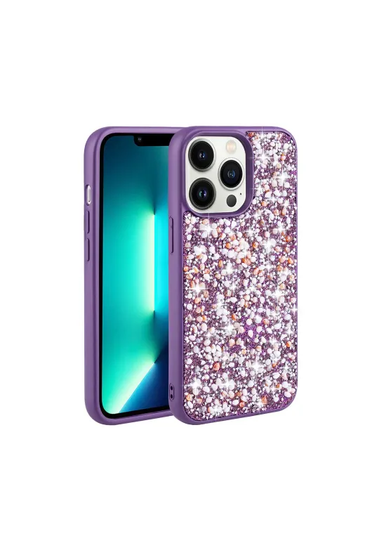 Techaks TCHS-27543 Iphone 13 Pro Uyumlu Parlak Taşlı Tasarım Zore Linea Kılıf-Derin Mor