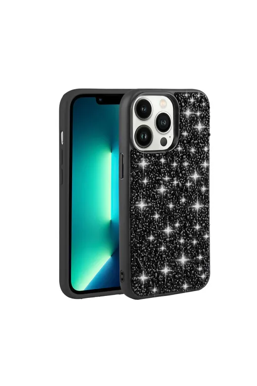 Techaks TCHS-27543 Iphone 13 Pro Uyumlu Parlak Taşlı Tasarım Zore Linea Kılıf-Siyah
