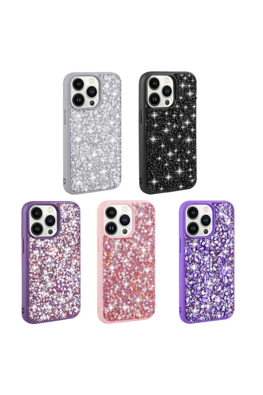 Techaks TCHS-27543 Iphone 13 Pro Uyumlu Parlak Taşlı Tasarım Zore Linea Kılıf-Siyah
