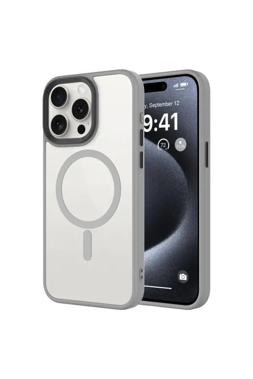 Techaks TCHS-28219 Iphone 15 Pro Max Uyumlu Mat Arka Yüzey Wireless Şarj Özellikli Zore Flet Magsafe Kılıf-Titany