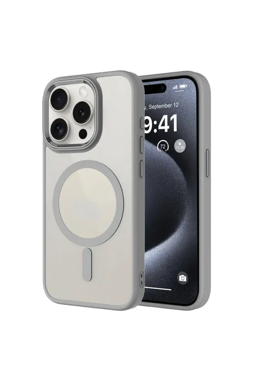 Techaks TCHS-28282 Iphone 15 Pro Uyumlu Wireless Şarj Özellikli Zore Krom Magsafe Silikon Kılıf-Gri