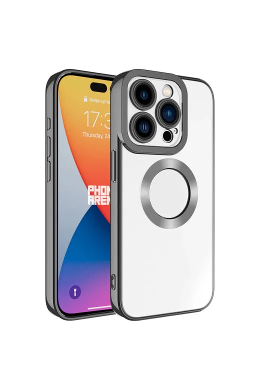 Techaks TCHS-28552 Iphone 15 Pro Kılıf Kamera Lens Korumalı Kenarları Renkli Logo Gösteren Omega Kapak-Koyu Gri