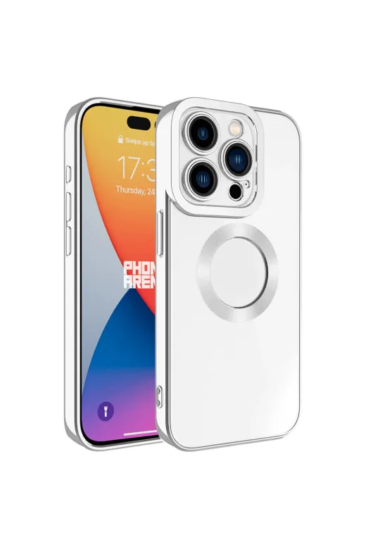 Techaks TCHS-28554 Iphone 15 Pro Max Kılıf Kamera Lens Korumalı Kenarları Renkli Logo Gösteren Omega Kapak-Gümüş