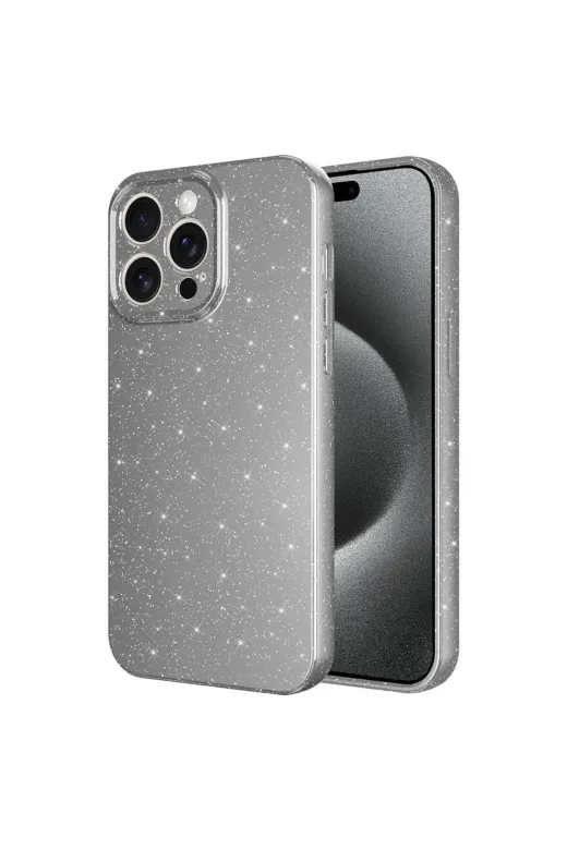 Techaks TCHS-29579 Iphone 15 Pro Max Uyumlu Kamera Korumalı Simli Lüks Zore Koton Kılıf-Gri