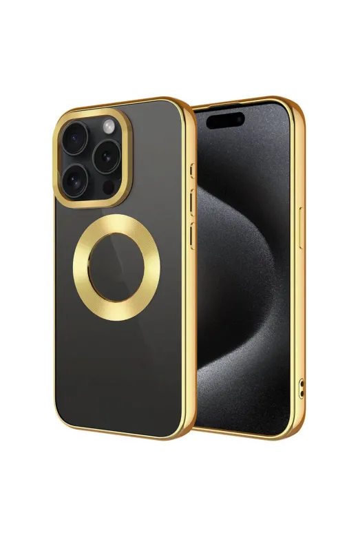 Techaks TCHS-29797 Iphone 15 Pro Max Uyumlu Tek Kamera Çerçeveli Logo Gösteren Zore Omega Kılıf-Gold