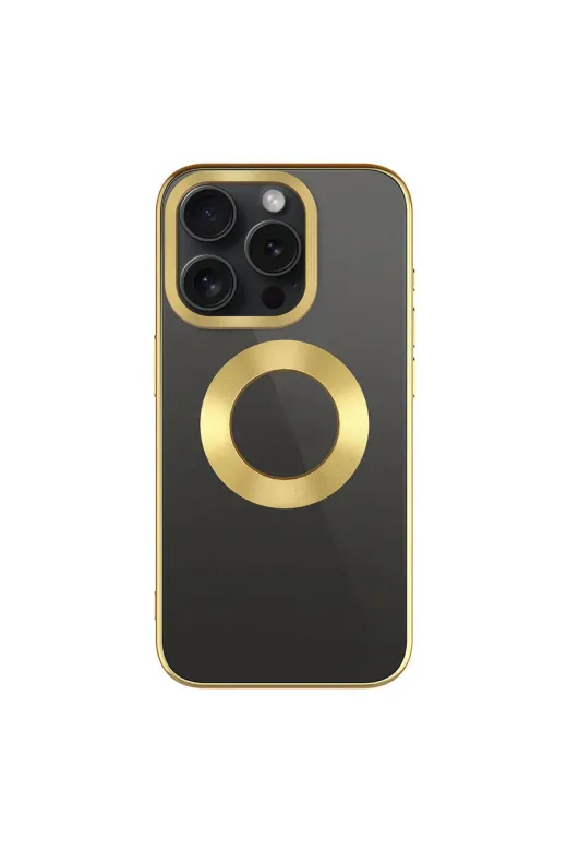 Techaks TCHS-29797 Iphone 15 Pro Max Uyumlu Tek Kamera Çerçeveli Logo Gösteren Zore Omega Kılıf-Gold
