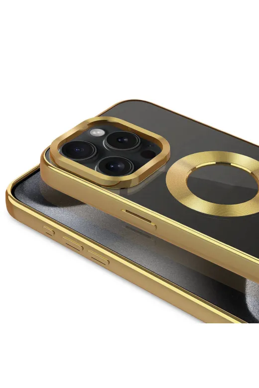 Techaks TCHS-29797 Iphone 15 Pro Max Uyumlu Tek Kamera Çerçeveli Logo Gösteren Zore Omega Kılıf-Gold