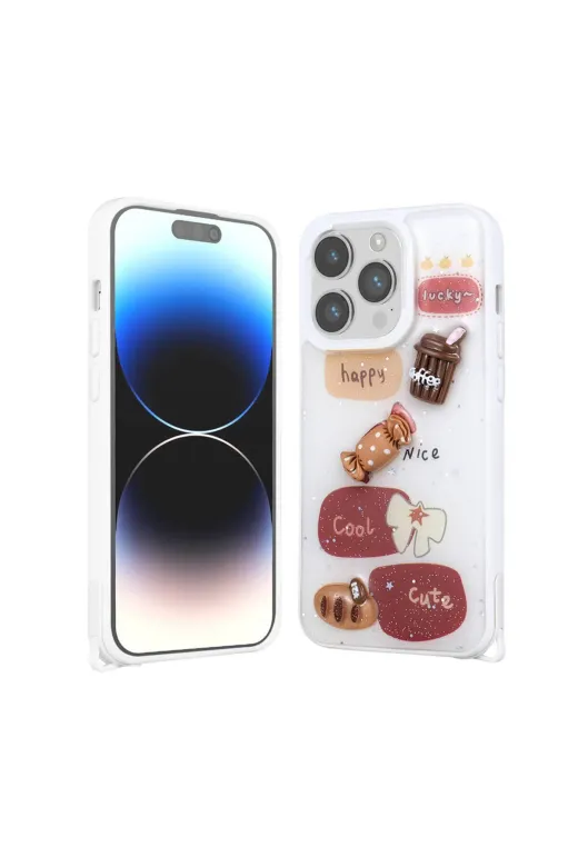 Techaks TCHS-31394 Iphone 14 Pro Max Kılıf Parlayan Sıvılı Simli Kabartma Figürlü Zore Cevze Kapak-Beyaz