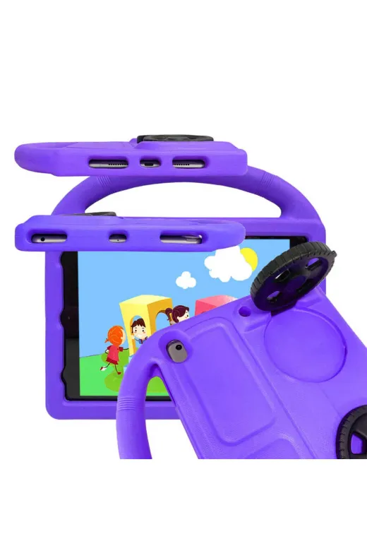 Techaks TCHS20606 Ipad 10.2 (9.nesil)  Uyumlu Zore Wheel Car Tekerlek Standlı Tablet Eva Silikon Kılıf-Mor