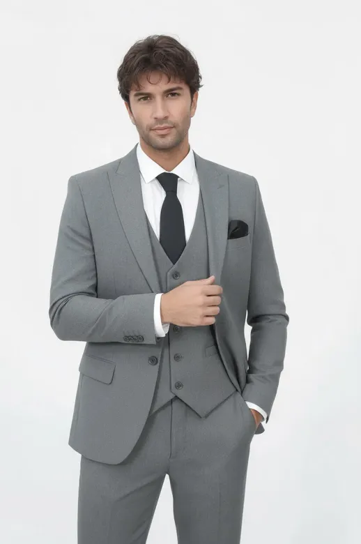 Tek Düğmeli Slim Fit Gri Yelekli Erkek Takım Elbise - Wessi