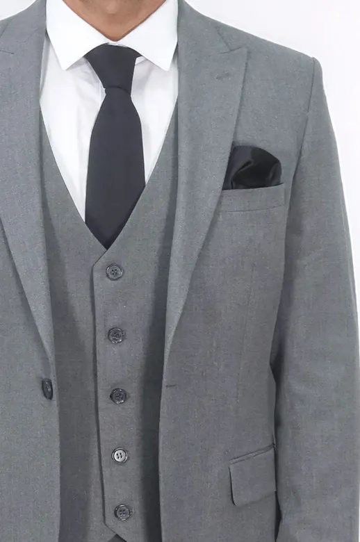 Tek Düğmeli Slim Fit Gri Yelekli Erkek Takım Elbise - Wessi