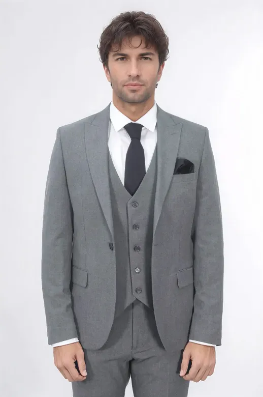 Tek Düğmeli Slim Fit Gri Yelekli Erkek Takım Elbise - Wessi
