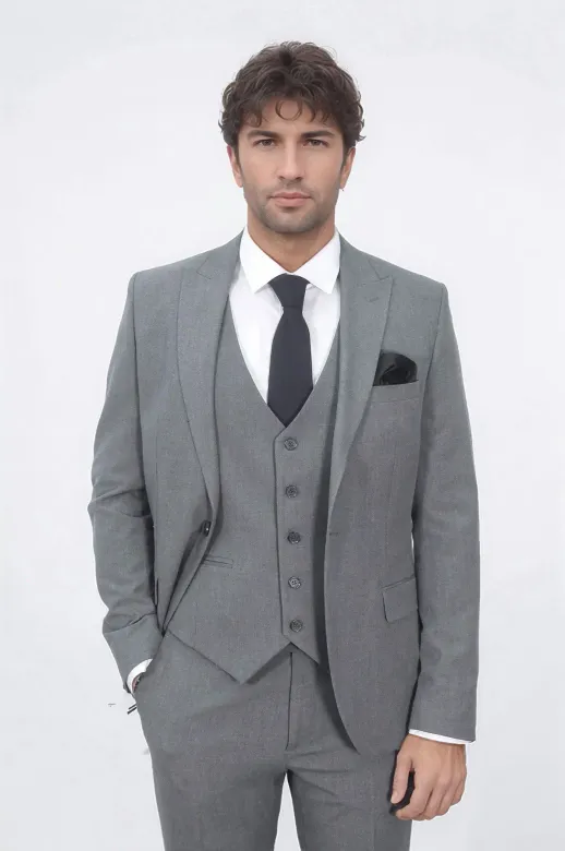 Tek Düğmeli Slim Fit Gri Yelekli Erkek Takım Elbise - Wessi