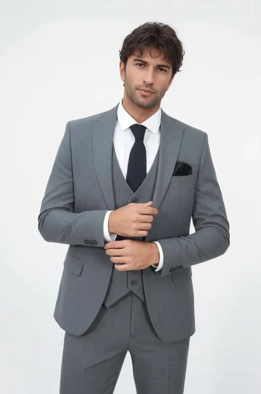 Tek Düğmeli Slim Fit Koyu Gri Yelekli Erkek Takım Elbise - Wessi