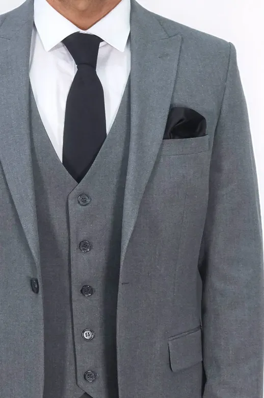 Tek Düğmeli Slim Fit Koyu Gri Yelekli Erkek Takım Elbise - Wessi