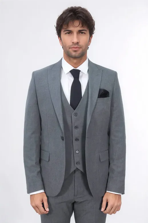 Tek Düğmeli Slim Fit Koyu Gri Yelekli Erkek Takım Elbise - Wessi
