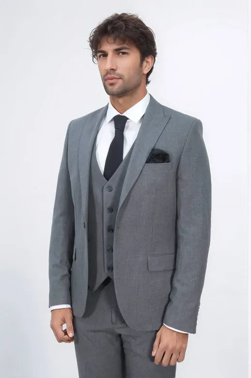 Tek Düğmeli Slim Fit Koyu Gri Yelekli Erkek Takım Elbise - Wessi