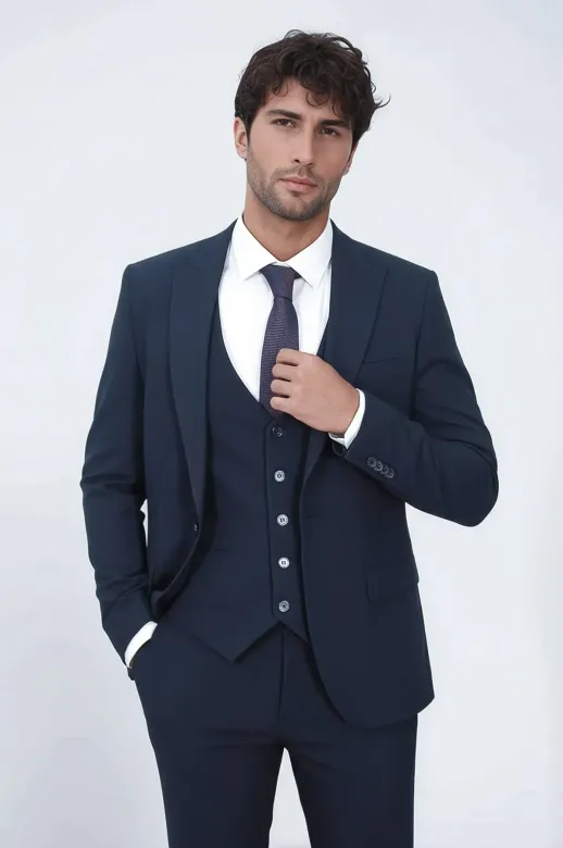 Tek Düğmeli Slim Fit Lacivert Yelekli Erkek Takım Elbise - Wessi