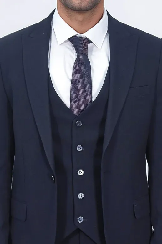 Tek Düğmeli Slim Fit Lacivert Yelekli Erkek Takım Elbise - Wessi