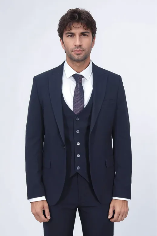 Tek Düğmeli Slim Fit Lacivert Yelekli Erkek Takım Elbise - Wessi