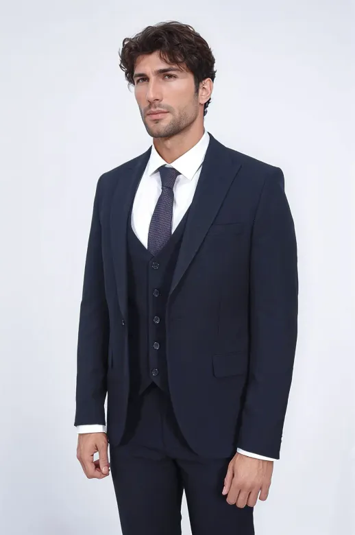 Tek Düğmeli Slim Fit Lacivert Yelekli Erkek Takım Elbise - Wessi