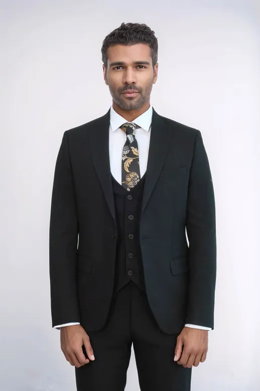 Tek Düğmeli Slim Fit Siyah Yelekli Erkek Takım Elbise - Wessi