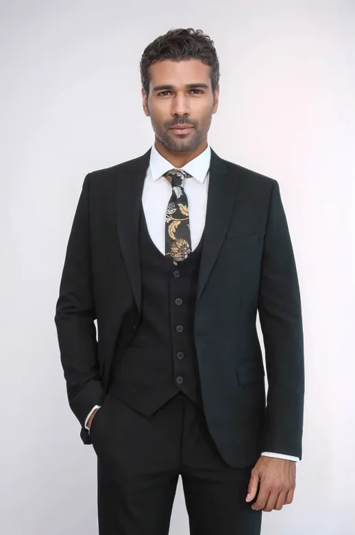 Tek Düğmeli Slim Fit Siyah Yelekli Erkek Takım Elbise - Wessi