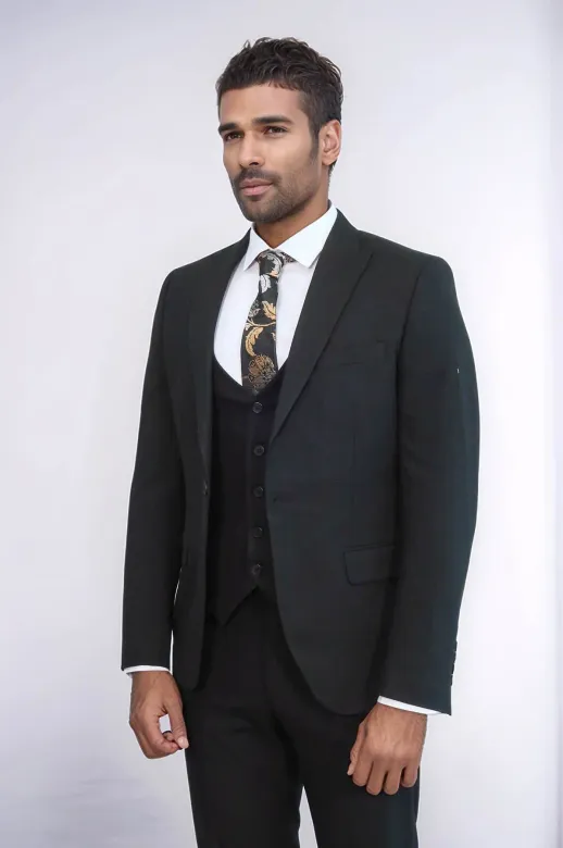 Tek Düğmeli Slim Fit Siyah Yelekli Erkek Takım Elbise - Wessi