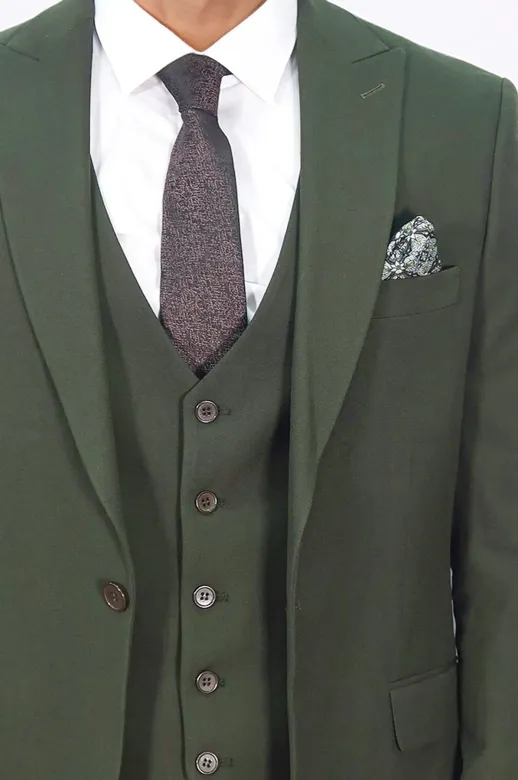Tek Düğmeli Slim Fit Yeşil Yelekli Erkek Takım Elbise - Wessi