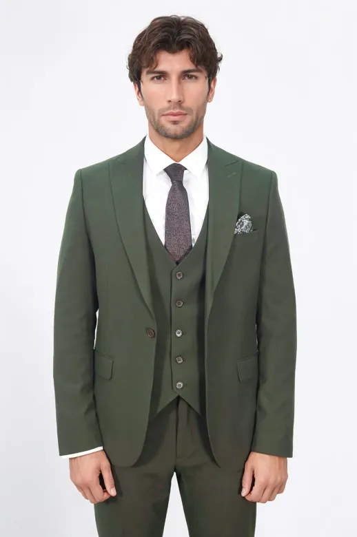 Tek Düğmeli Slim Fit Yeşil Yelekli Erkek Takım Elbise - Wessi