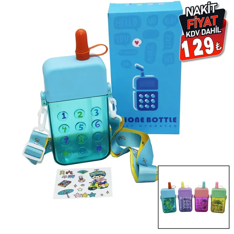 TELEFON MODELİ RENKLİ MİKA KRİSTAL SULUK MATARA PİPETLİ - VİDALI KAPAK - ASKILI 300ML (4745)