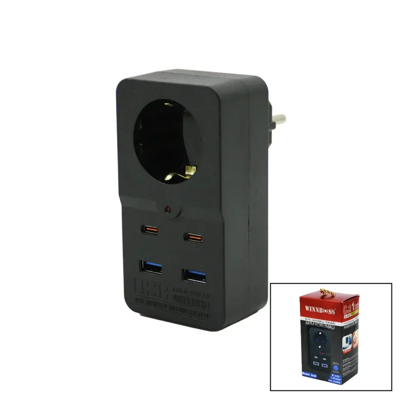 TERMAL AKIM KORUMALI  1XPRİZ 2X USB 2X TYPE-C DUVAR TİPİ PRİZ SİYAH 10A - 2500W (4745)